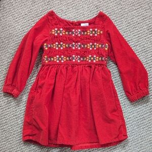 Hanna Andersson Red Smocked Corduroy Dress with Floral Embroidery
